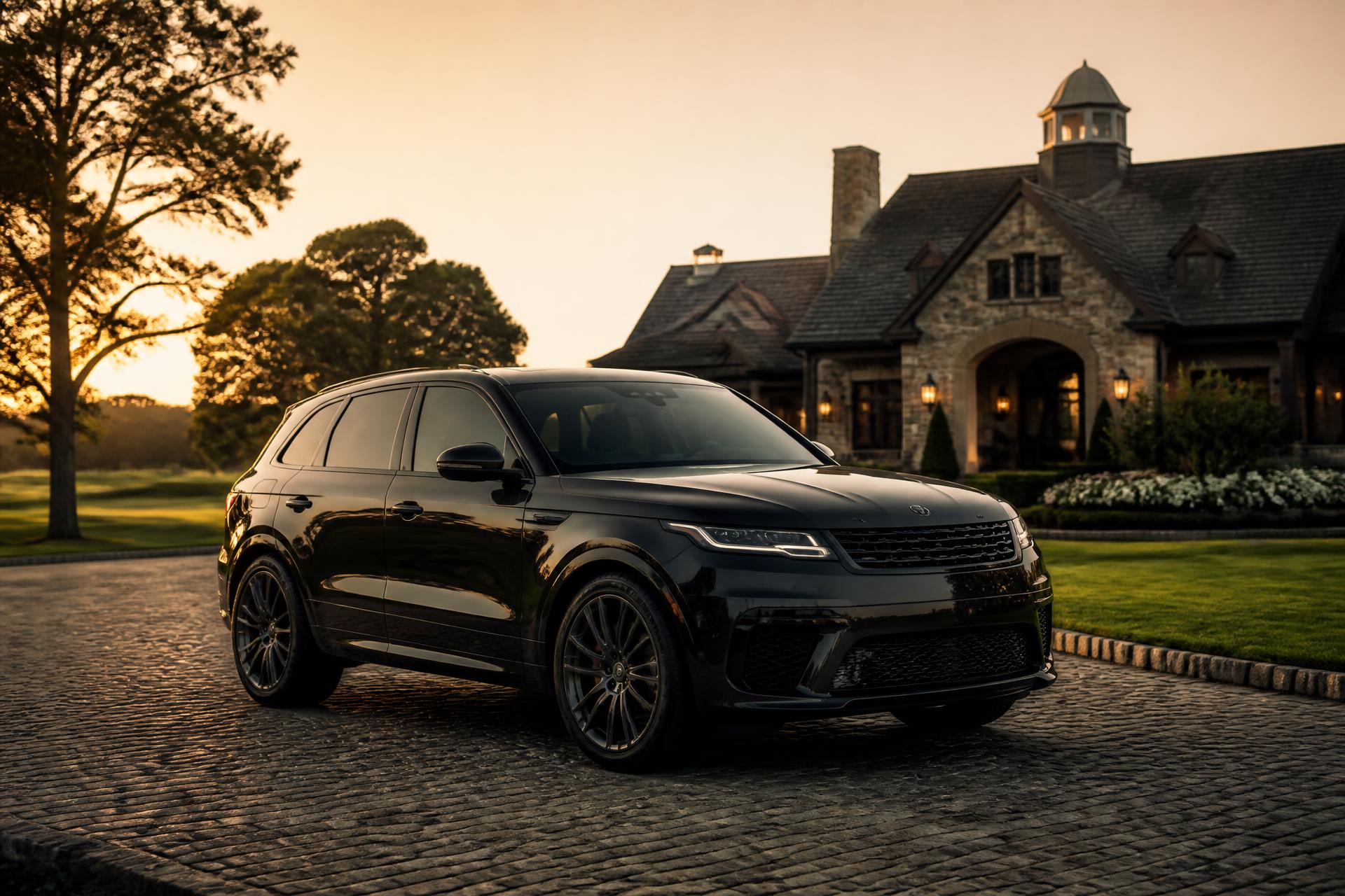 Luxury vehicle resting at the Tartan entrance at dusk